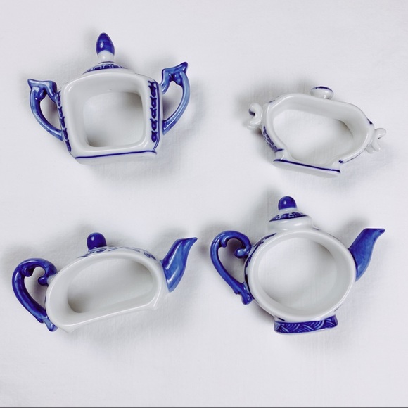 Vintage Ceramic Blue & White Teapot Napkin Rings